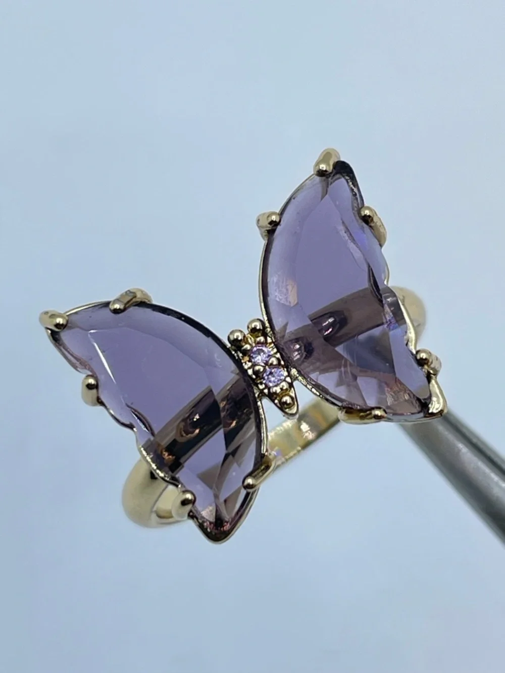 Purple Crystal Butterfly Ring Gold Statement Sz 8 Whimsical Boho Cottagecore